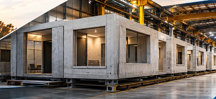 Casas pré-moldadas de concreto sendo produzidas em fábrica